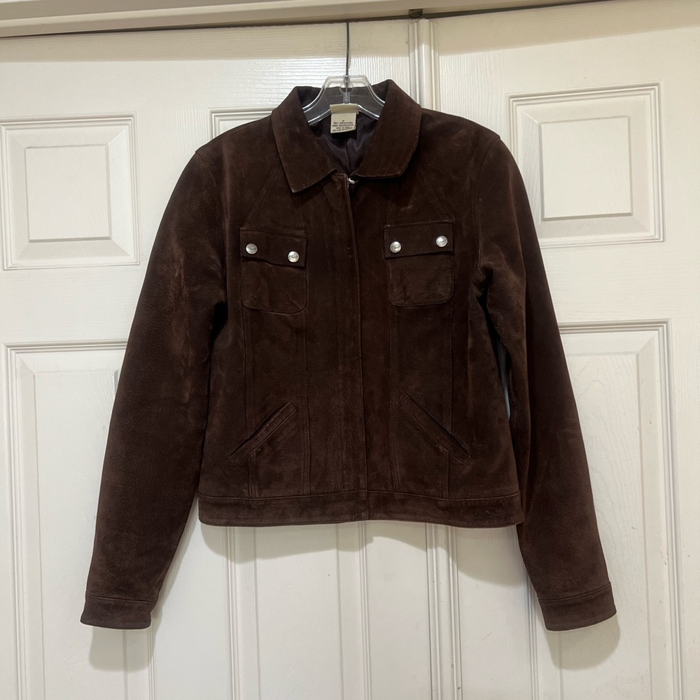 O'Neill Women Medium Suede Leather Brown Trucker Coat Zip Biker Motor Western